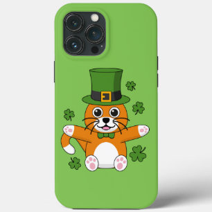Cute St Patrick's Day Cat with Shamrocks Cartoon iPhone 13 Pro Max Case