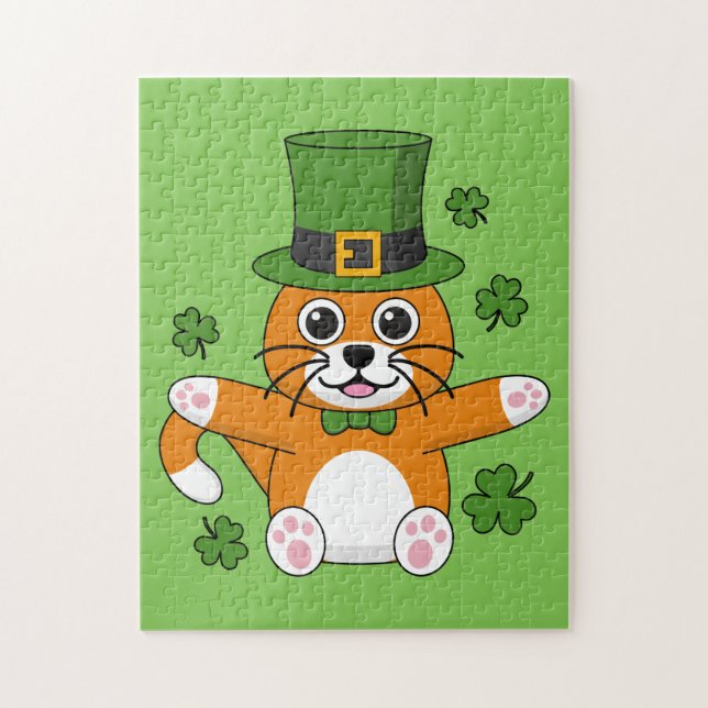 Cute St Patrick's Day Cat with Shamrocks Cartoon Jigsaw Puzzle (Vertical)