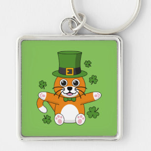 Cute St Patrick's Day Cat with Shamrocks Cartoon Key Ring