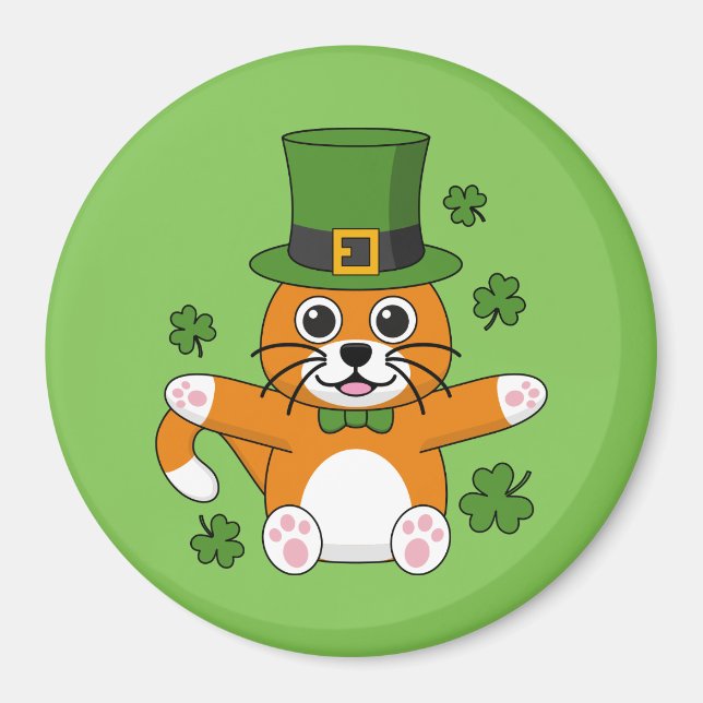 Cute St Patrick's Day Cat with Shamrocks Cartoon Magnet (Front)