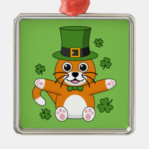 Cute St Patrick's Day Cat with Shamrocks Cartoon Metal Ornament
