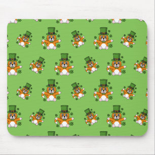 Cute St Patrick's Day Cat with Shamrocks Cartoon Mouse Pad