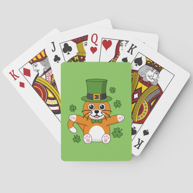 Cute St Patrick's Day Cat with Shamrocks Cartoon Playing Cards (Back)