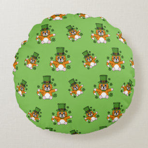 Cute St Patrick's Day Cat with Shamrocks Cartoon Round Cushion