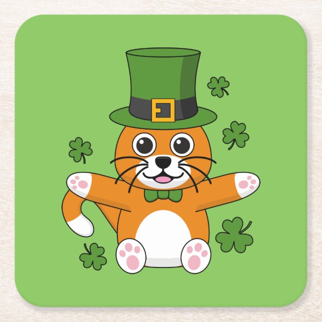 Cute St Patrick's Day Cat with Shamrocks Cartoon Square Paper Coaster (Front)