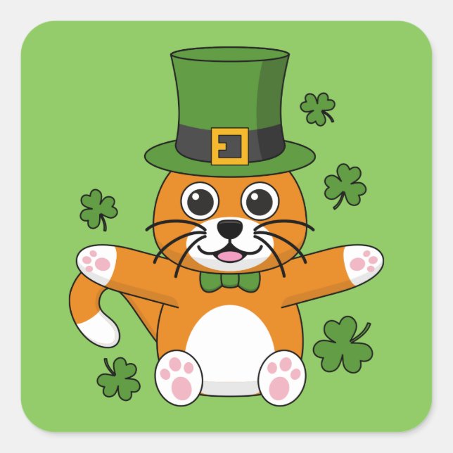 Cute St Patrick's Day Cat with Shamrocks Cartoon Square Sticker (Front)
