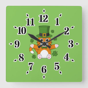 Cute St Patrick's Day Cat with Shamrocks Cartoon Square Wall Clock