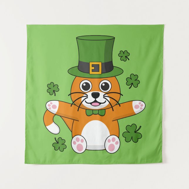 Cute St Patrick's Day Cat with Shamrocks Cartoon Tapestry (Front)