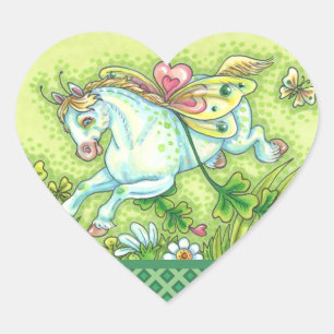 CUTE ST. PATRICK'S DAY FLYING IRISH PONY, FAIRY HEART STICKER