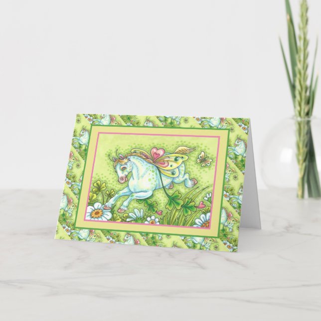 CUTE ST. PATRICK'S DAY FLYING IRISH PONY, FAIRY HOLIDAY CARD (Front)