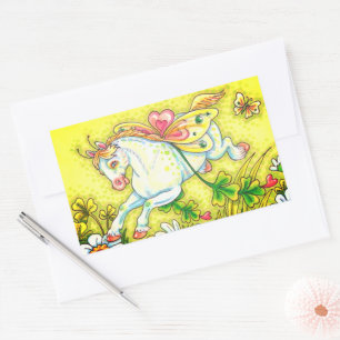 CUTE ST. PATRICK'S DAY FLYING IRISH PONY, FAIRY RECTANGULAR STICKER