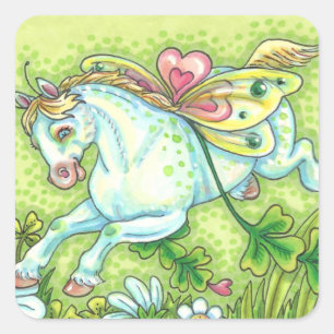 CUTE ST. PATRICK'S DAY FLYING IRISH PONY, FAIRY SQUARE STICKER