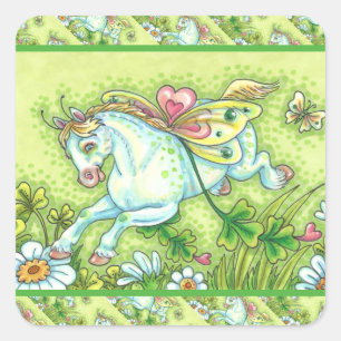 CUTE ST. PATRICK'S DAY FLYING IRISH PONY, FAIRY SQUARE STICKER