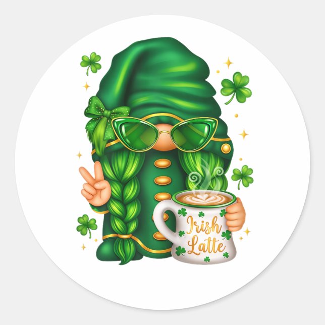 Cute St Patricks Day Gnome Drinking Coffee Classic Round Sticker (Front)