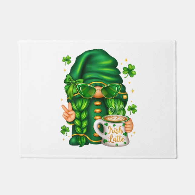 Cute St Patricks Day Gnome Drinking Coffee Doormat (Front)