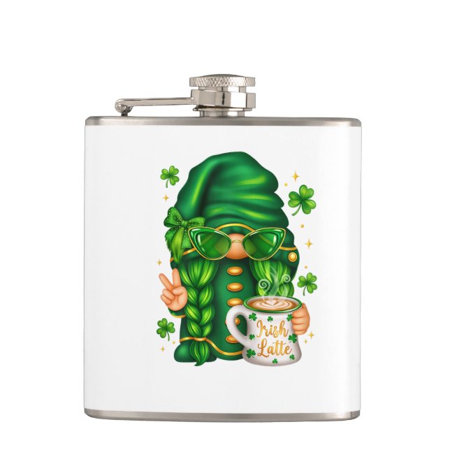 Cute St Patricks Day Gnome Drinking Coffee Hip Flask (Front)