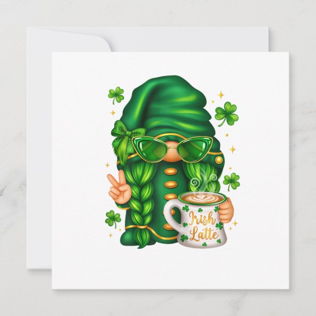 Cute St Patricks Day Gnome Drinking Coffee Invitation (Front)