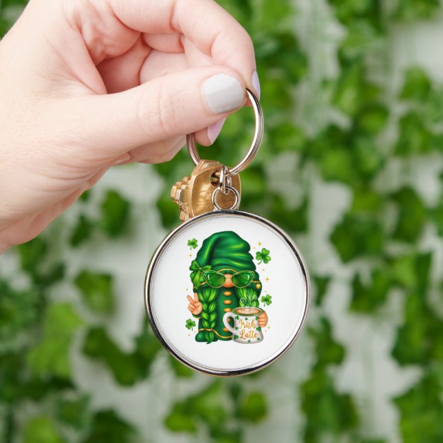 Cute St Patricks Day Gnome Drinking Coffee Key Ring (Hand)