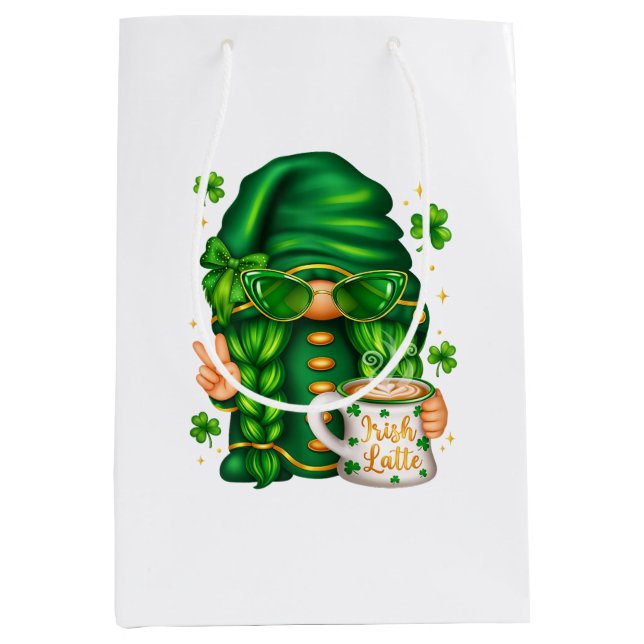 Cute St Patricks Day Gnome Drinking Coffee Medium Gift Bag (Front)