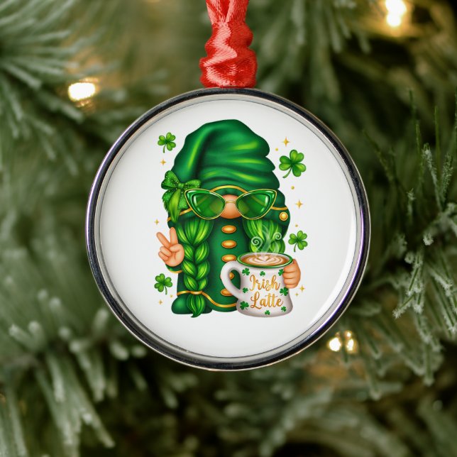 Cute St Patricks Day Gnome Drinking Coffee Metal Ornament (Tree)