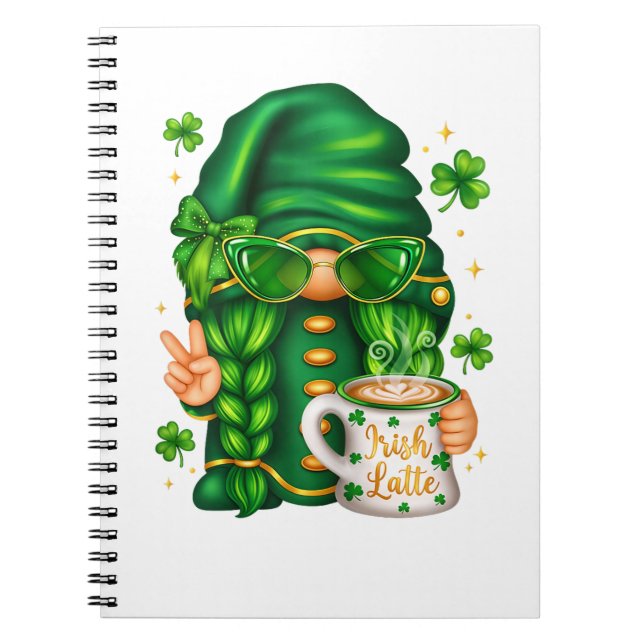 Cute St Patricks Day Gnome Drinking Coffee Notebook (Front)