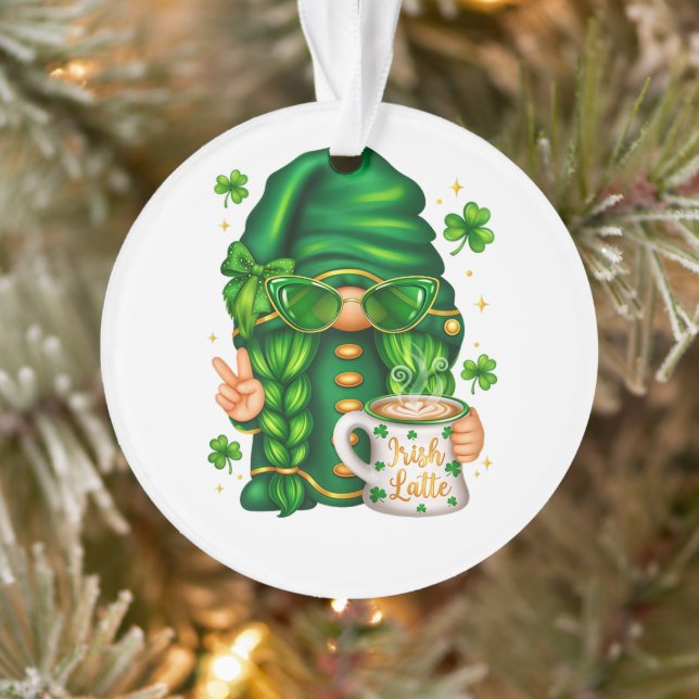 Cute St Patricks Day Gnome Drinking Coffee Ornament (Tree)