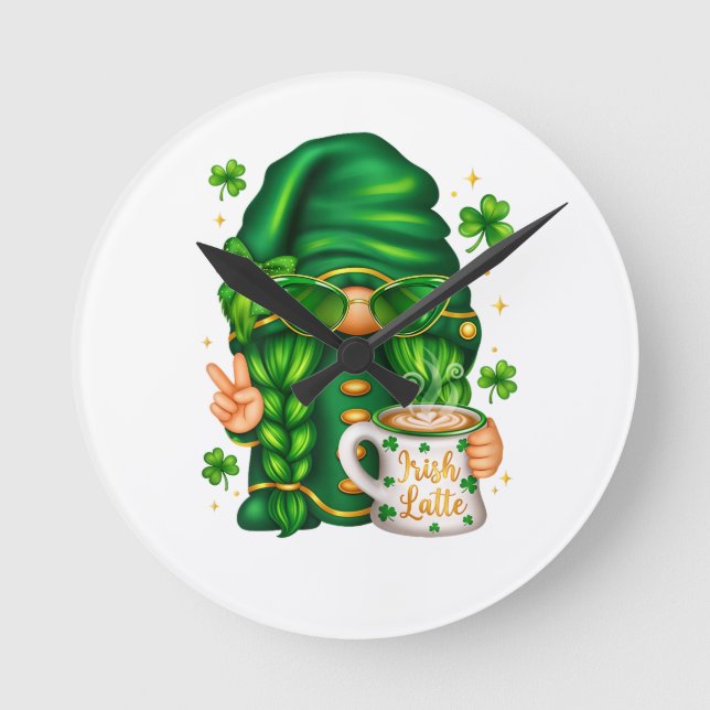 Cute St Patricks Day Gnome Drinking Coffee Round Clock (Front)