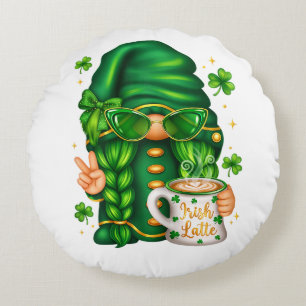 Cute St Patricks Day Gnome Drinking Coffee Round Cushion