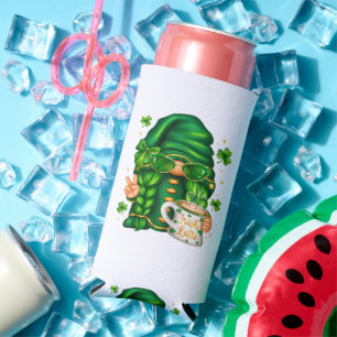 Cute St Patricks Day Gnome Drinking Coffee Seltzer Can Cooler