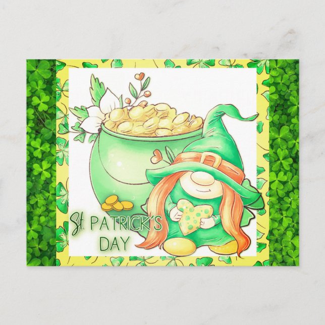 Cute St Patricks Day Gnome Girl Green Shamrock Postcard (Front)