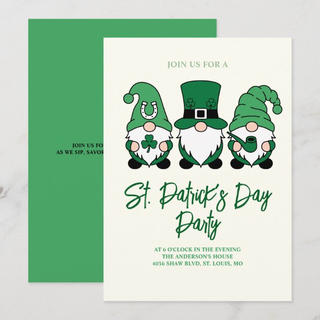 Cute St. Patrick's Day Gnome Invitation (Front/Back)
