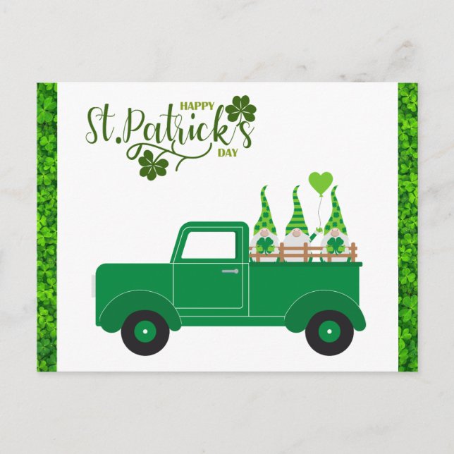 Cute St Patricks Day Gnome Shamrock Green Truck Postcard (Front)