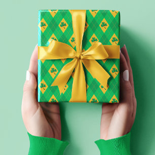 Cute St. Patrick's Day Green & Gold Argyle Kids Wrapping Paper