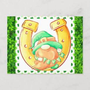 Cute St Patricks Day Lucky Gnome Green Shamrock Postcard