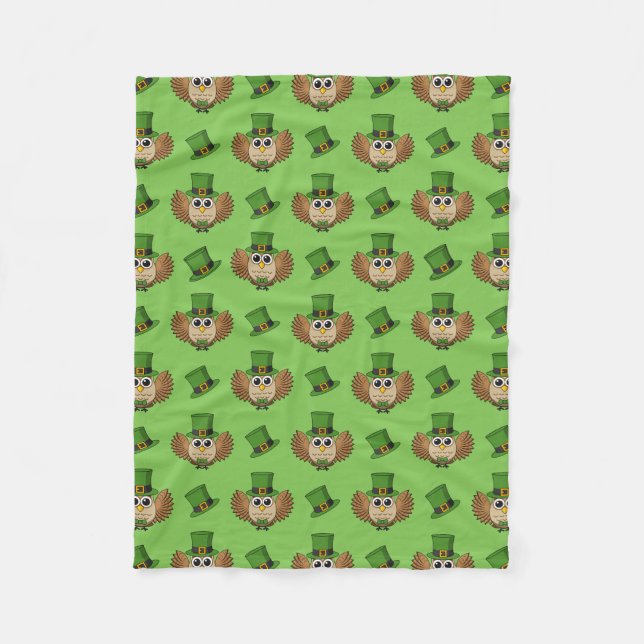 Cute St Patrick's Day Owl Cartoon Fleece Blanket (Front)