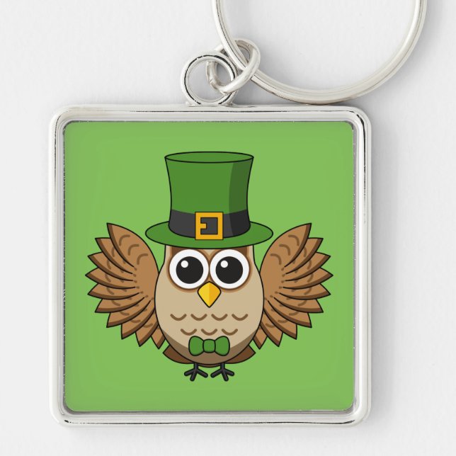Cute St Patrick's Day Owl Cartoon Key Ring (Front)