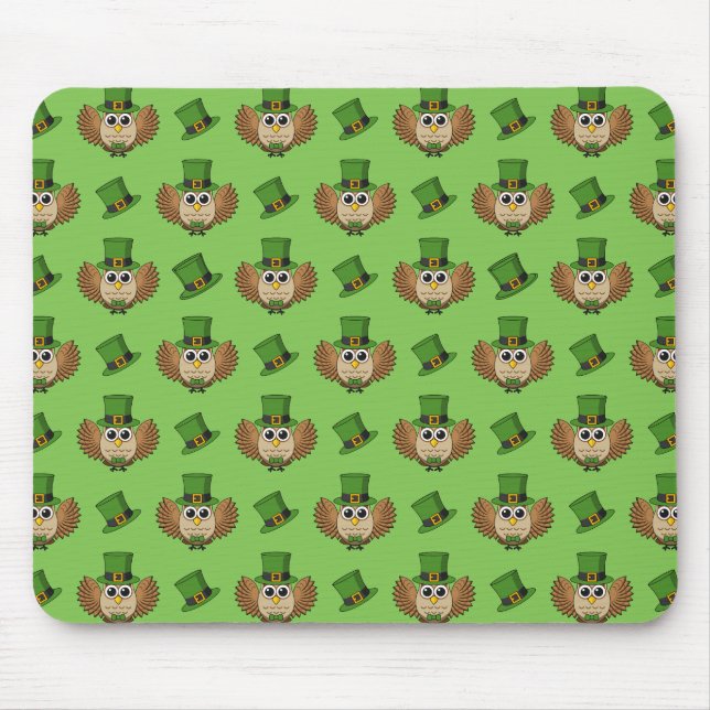 Cute St Patrick's Day Owl Cartoon Mouse Pad (Front)