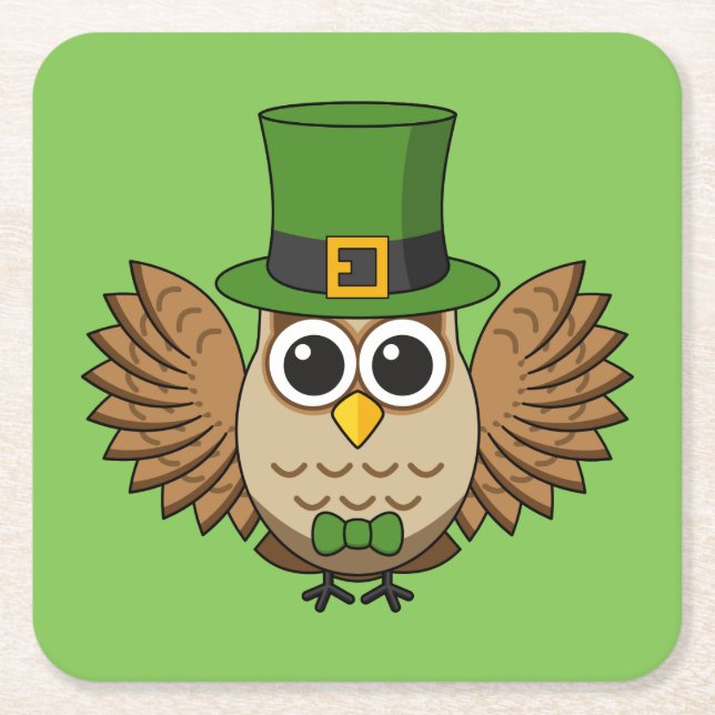 Cute St Patrick's Day Owl Cartoon Square Paper Coaster (Front)