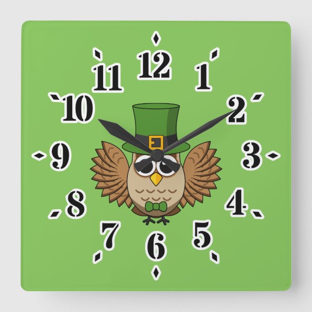 Cute St Patrick's Day Owl Cartoon Square Wall Clock (Front)