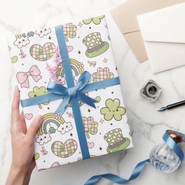 Cute St. Patrick's Day Shamrock and Rainbows Lucky Wrapping Paper (Gifting)