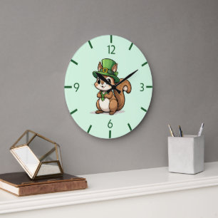 Cute St. Patrick's Day Squirrel with Green Hat Large Clock