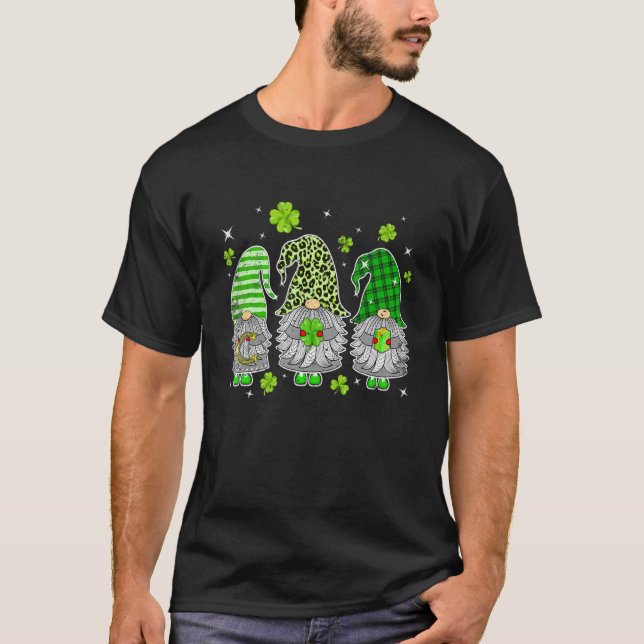 Cute St Patrick's Day Three Leopard Plaid Gnomes S T-Shirt (Front)