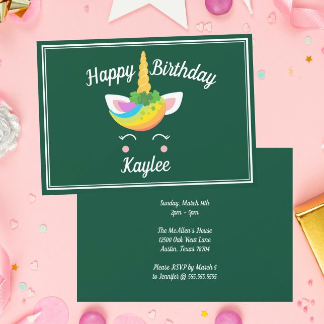 Cute St. Patricks Day Unicorn Green Birthday Party Invitation (Creator Uploaded)