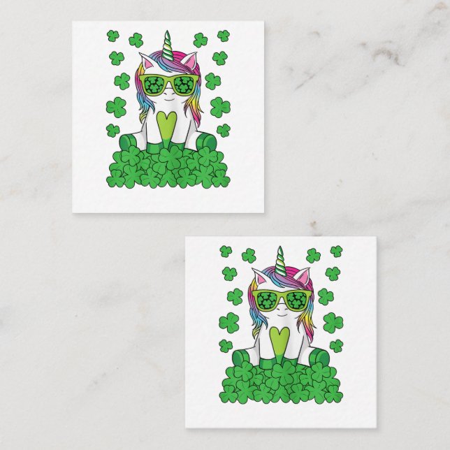 Cute St Patricks Day Unicorn Lepricorn Shamrock Square Business Card (Front/Back)