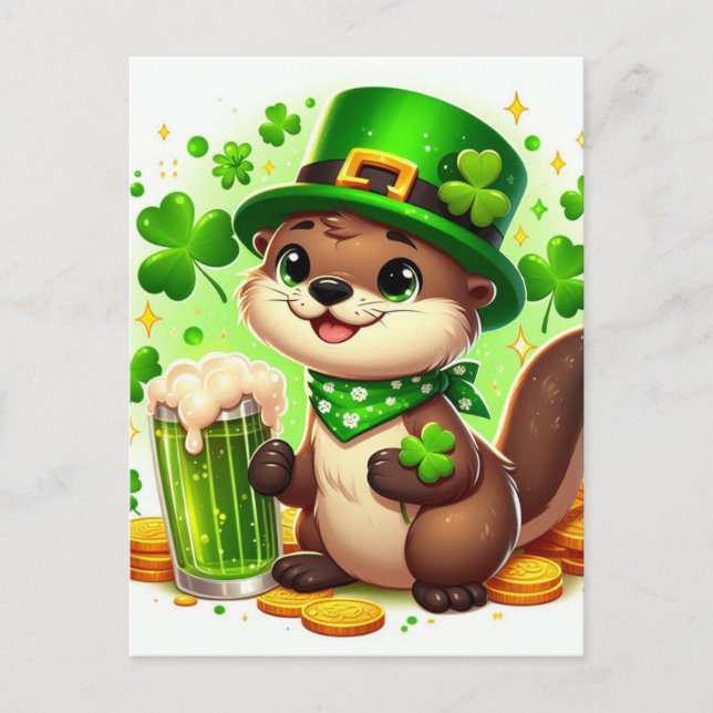 Cute St. Patricks Otter Green Beer Postcard (Front)