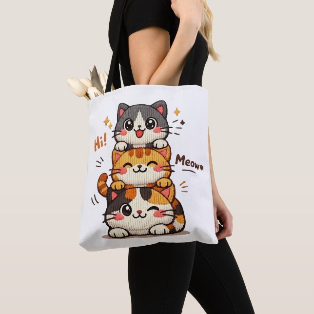 Cute Stack Cats Hi Meow Tote Bag (Close Up)