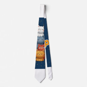 Cute Stacked Cats Necktie 🐱 Navy Blue Starry Ni