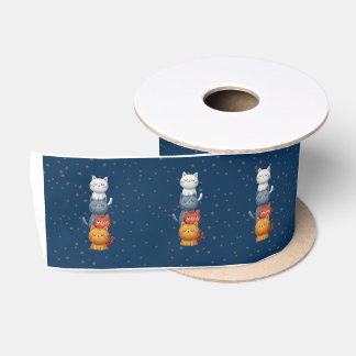 Cute Stacked Cats Satin Ribbon 🐱 | Navy Blue Star