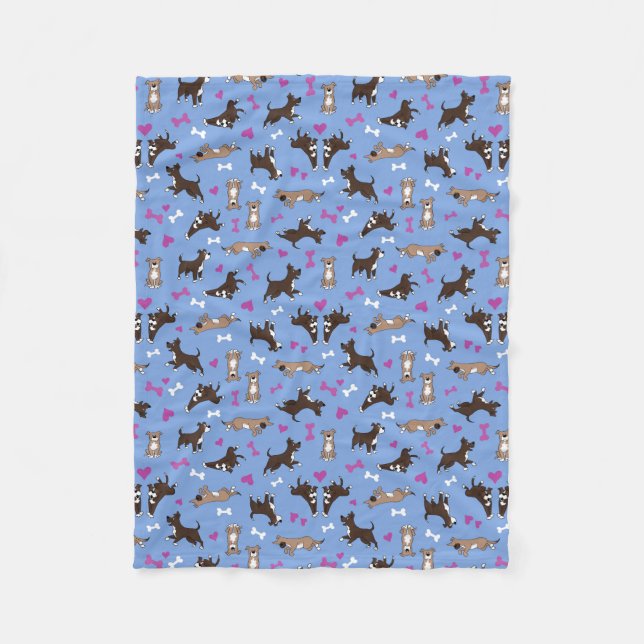 Cute Staffy Lab Dog White Bones Pink Hearts Blue Fleece Blanket (Front)