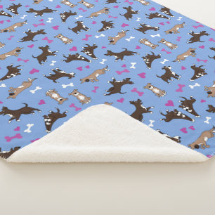 Cute Staffy Lab Dog White Bones Pink Hearts Blue Sherpa Blanket